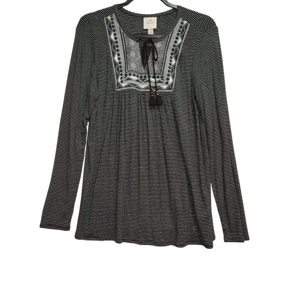 Knox Rose Black & White Striped Long Sleeve Blouse Embroidered Detail S 4027